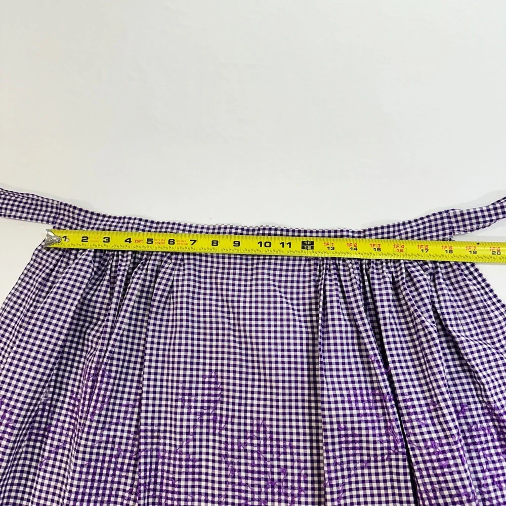 Vintage Purple Gingham Half Apron Hand Embroidered Floral Cottagecore Cotton